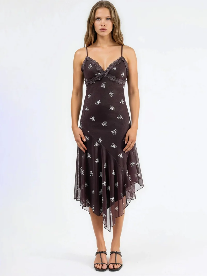 هيكاب V-Neck Printed Bodycon Maxi Dress with Lace Detail