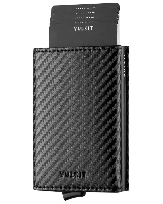 VULKIT Pop Up Wallet Rfid Blocking Leather Credit Card Wallet With Banknote Compartment, Id Window & Coin Pocket (Carbon Black) - Image 1