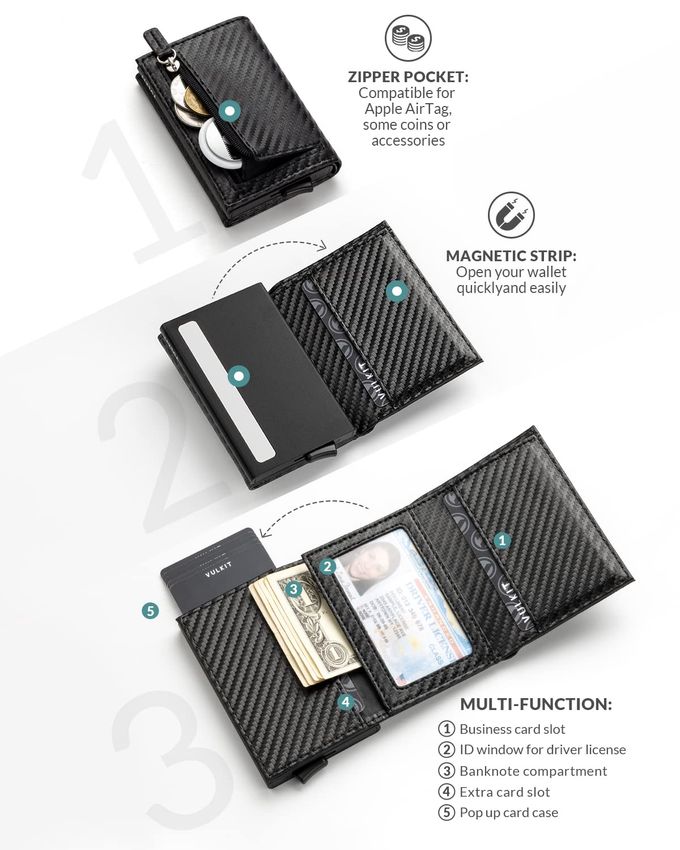 VULKIT Pop Up Wallet Rfid Blocking Leather Credit Card Wallet With Banknote Compartment, Id Window & Coin Pocket (Carbon Black) - Image 3