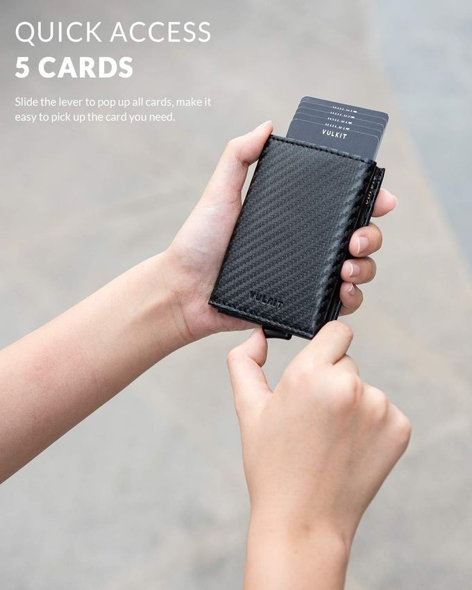 VULKIT Pop Up Wallet Rfid Blocking Leather Credit Card Wallet With Banknote Compartment, Id Window & Coin Pocket (Carbon Black) - Image 5
