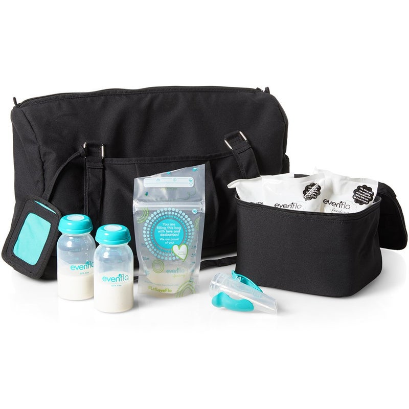 Evenflo Feeding Black Pumping Accessories Tote for Breastfeeding with Milk Collection Bottles Bags and Breast Pump Adapters