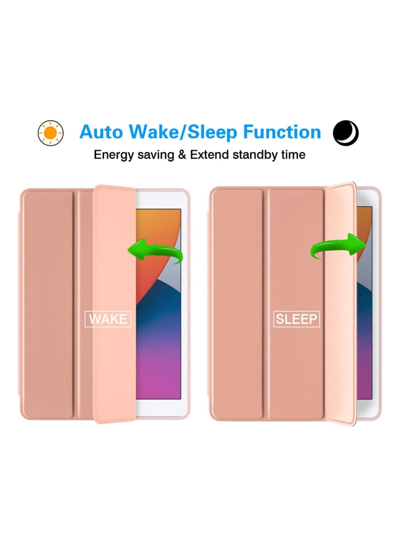 حافظة متوافقة مع جهاز iPad من الجيل التاسع/الثامن/السابع مقاس 10.2-10.5 بوصة مع حامل قلم، جلد بولي يوريثين ممتاز + غطاء خلفي ناعم من مادة TPU لحماية جهاز iPad 9 8 7 2021/2020/2019، وضع السكون/الإيقاظ التلقائي - وردي وردي - Image 2