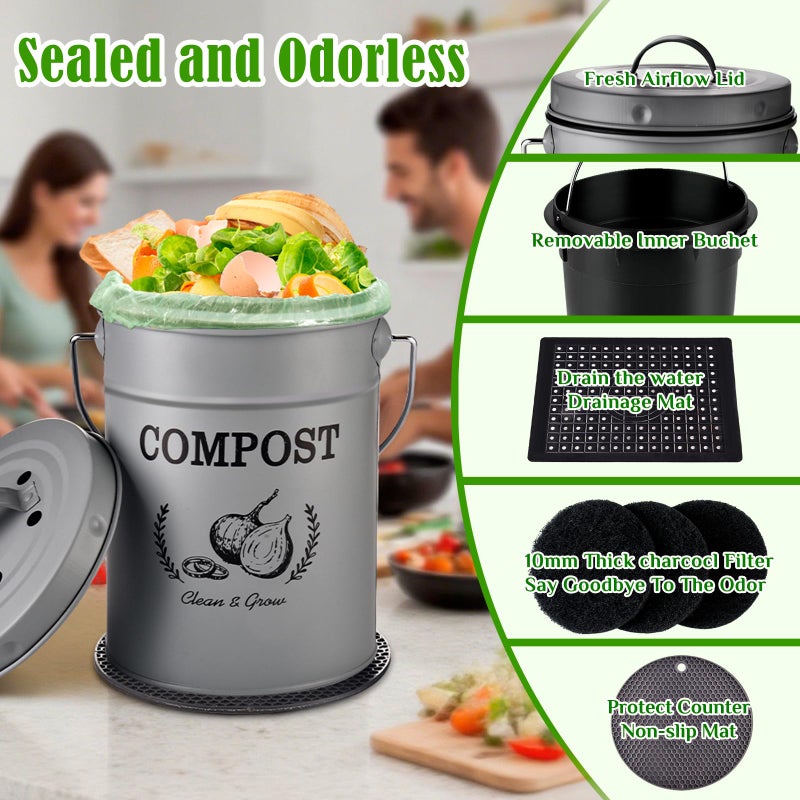AOSION Countertop Compost Bin Kitchen,Odorless Indoor Compost Bin with Lid and Compost Bags,Compost Bucket Composter Container for Food Waste,Grey - Image 3