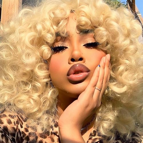 AIDUSA Big Loose Curly Wigs for Black Women Afro Curly Wigs with Bangs Synthetic Natural Looking Wigs 613 Blonde - Image 1
