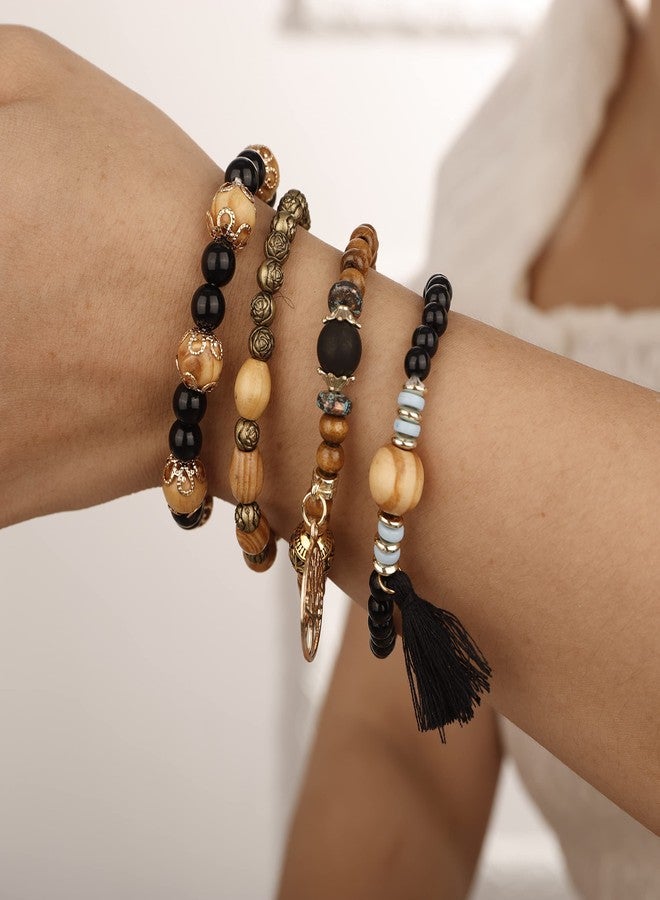 يرتير سوار YERTTER مكون من 4 قطع، بتصميم بوهيمي متعدد الطبقات، مزين بخرز على شكل شجرة الحياة، مع شرابة سوداء، قابل للتمدد والتكديس، هدية مميزة للنساء (أسود) - Image 3