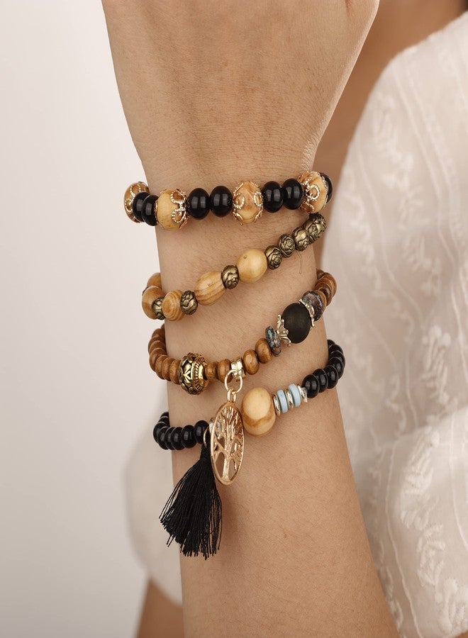 يرتير سوار YERTTER مكون من 4 قطع، بتصميم بوهيمي متعدد الطبقات، مزين بخرز على شكل شجرة الحياة، مع شرابة سوداء، قابل للتمدد والتكديس، هدية مميزة للنساء (أسود) - Image 2