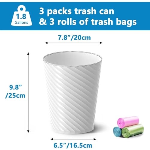 Lysam Bathroom Trash Can, 3 Pack 1.8 Gallons Small Trash Can with Trash Bags, Bathroom Garbage Can, Plastic Trash Bin, Round Waste Basket for Living Room, Bedroom, Office, Kitchen, Compact Space (White) - Image 3