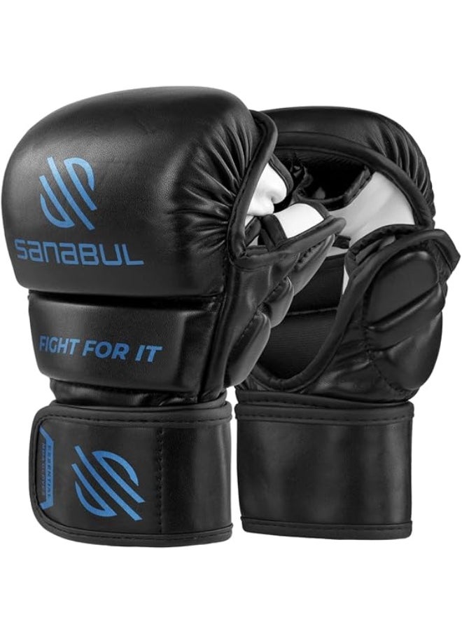 Sanabul  Essential 7 oz MMA Gloves Men & Women | Gloves for Martial Arts Sparring & Training Gloves | Hybrid MMA Kick Boxing Gloves Men | Grappling Gloves (Black/Blue, Small/Medium)  - Image 1