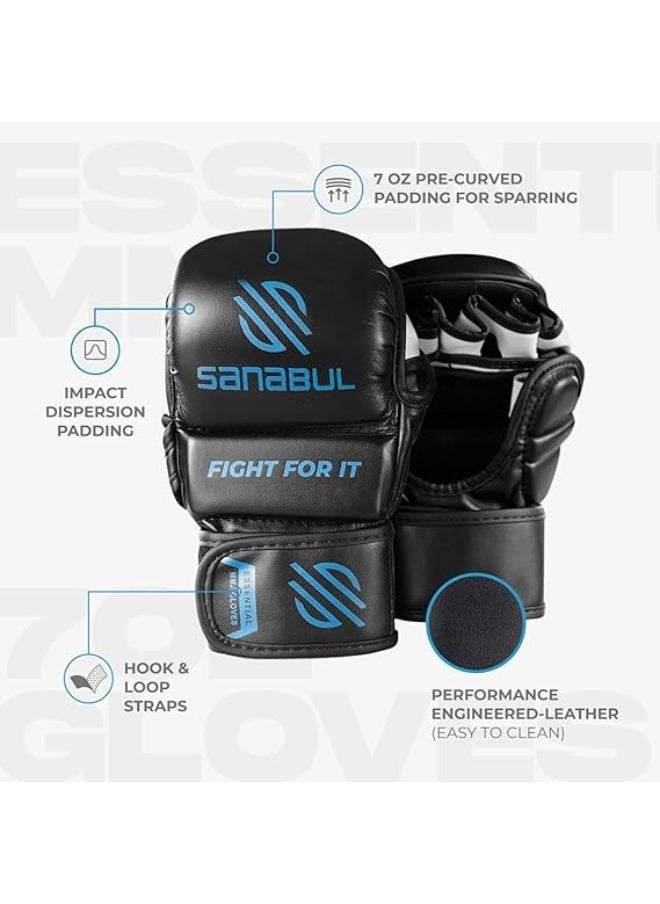 Sanabul  Essential 7 oz MMA Gloves Men & Women | Gloves for Martial Arts Sparring & Training Gloves | Hybrid MMA Kick Boxing Gloves Men | Grappling Gloves (Black/Blue, Small/Medium)  - Image 3
