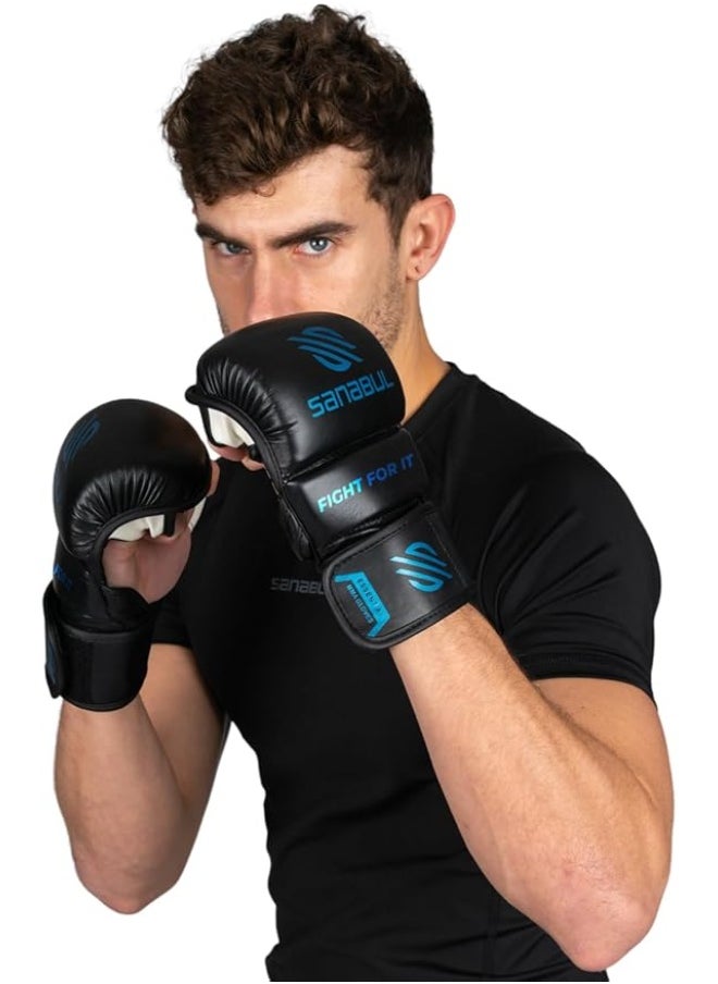 Sanabul  Essential 7 oz MMA Gloves Men & Women | Gloves for Martial Arts Sparring & Training Gloves | Hybrid MMA Kick Boxing Gloves Men | Grappling Gloves (Black/Blue, Small/Medium)  - Image 2