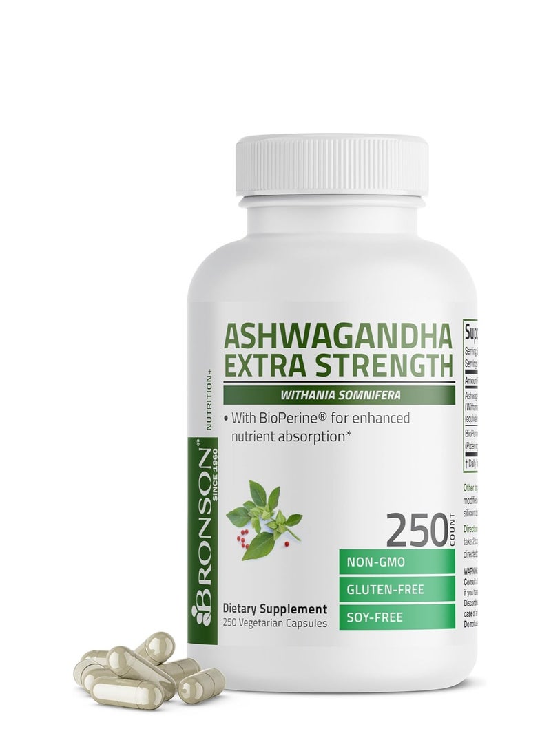 برونسون أشواغاندا قوة إضافية لدعم التوتر والمزاج مع بيوبيرين - تركيبة غير معدلة وراثيًا، 250 كبسولة نباتية - Image 1