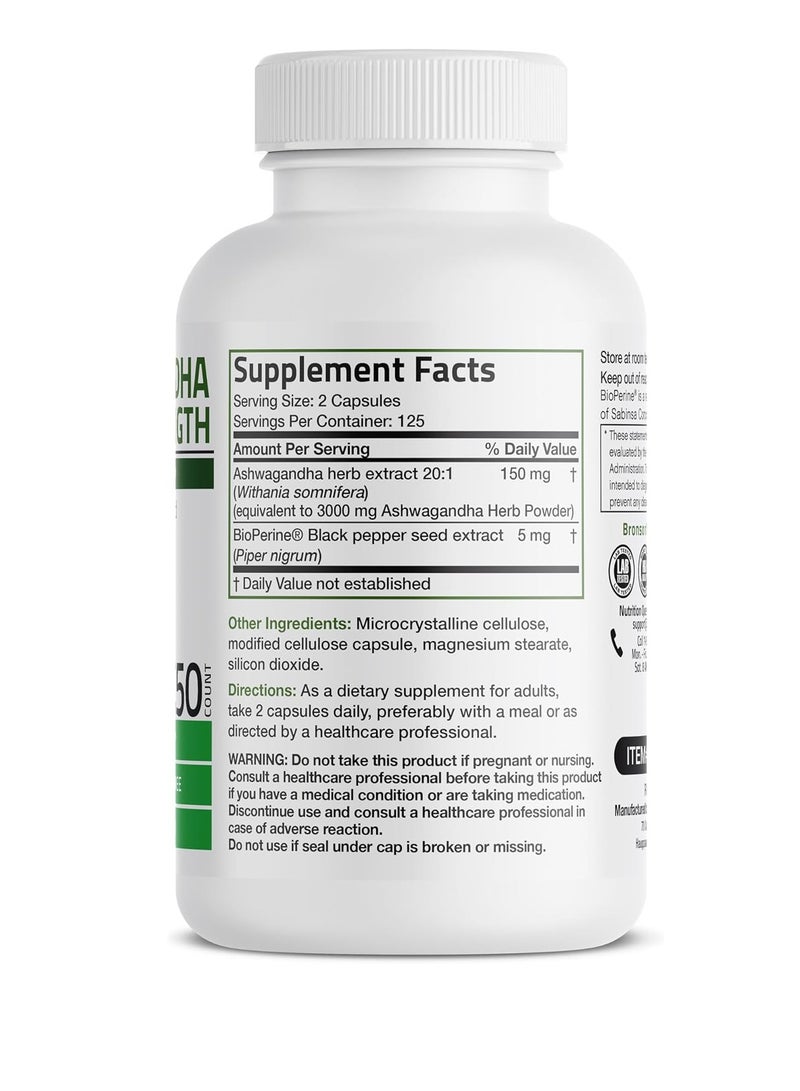 برونسون أشواغاندا قوة إضافية لدعم التوتر والمزاج مع بيوبيرين - تركيبة غير معدلة وراثيًا، 250 كبسولة نباتية - Image 2