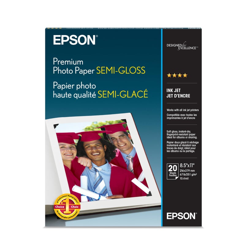 EPSON ورق صور إبسون بريميوم شبه لامع (8.5x11 بوصة، 20 ورقة) (S041331) ، أبيض - Image 1