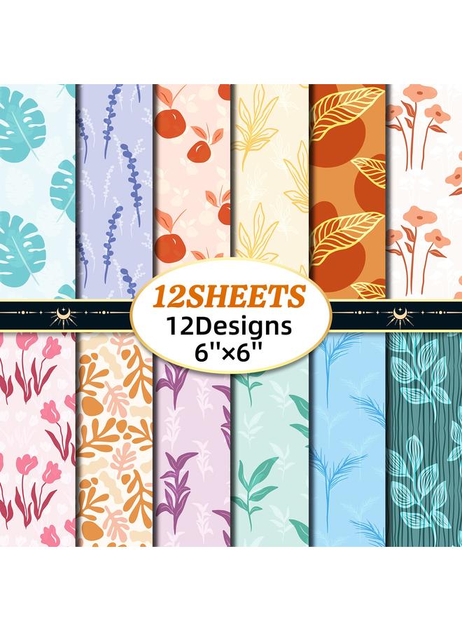 Bluejw Selling 12 Sheets/package Of Flowers And Plants BOHO Hand Account Material Paper 6 Inch DIY Hand Account Background Paper Material Paper Photo Album Cartoon - Image 2
