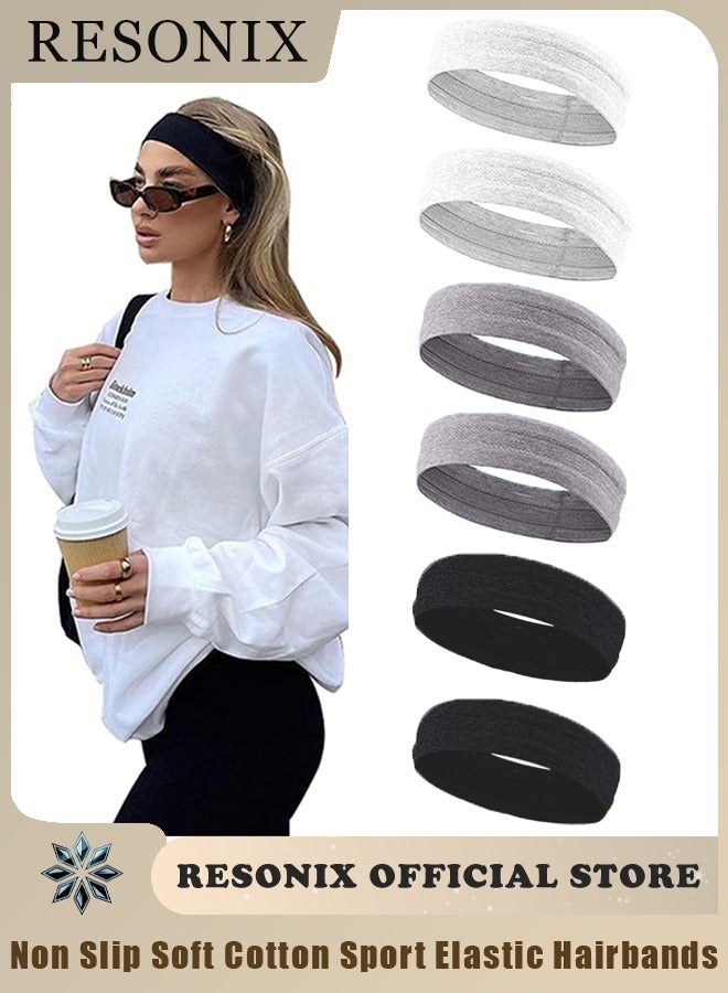 RESONIX Women’s Elastic Non-Slip Sports Headbands – 6-Pack Soft Stretch Hair Bands for Workout, Yoga, Fitness, Running & Daily Wear, Lightweight Sweat-Wicking Hairband for Women (Black/White/Light Grey, 22.5 cm × 5.7 cm) - Image 1