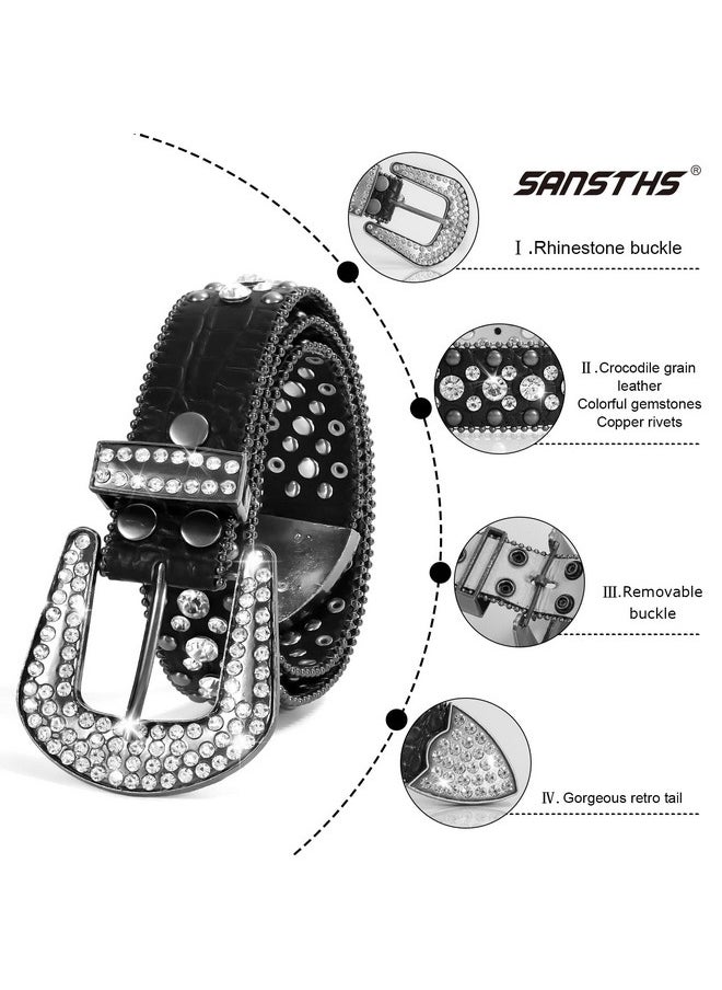 Sansths - Women Rhinestone Belt For Jeans Western Cowgirl Bling Studded Belt Faux Crocodile Grain Leather Black S - Image 1