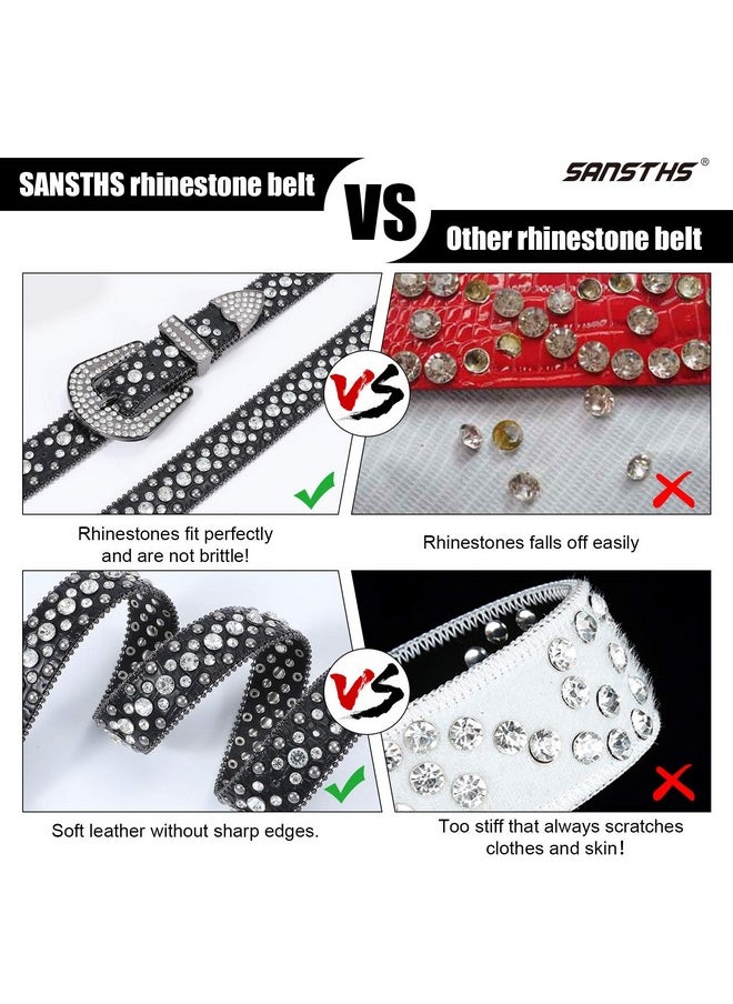 Sansths - Women Rhinestone Belt For Jeans Western Cowgirl Bling Studded Belt Faux Crocodile Grain Leather Black S - Image 1