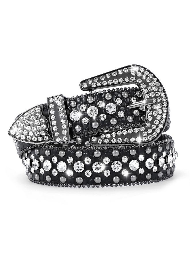 Sansths - Women Rhinestone Belt For Jeans Western Cowgirl Bling Studded Belt Faux Crocodile Grain Leather Black S - Image 1