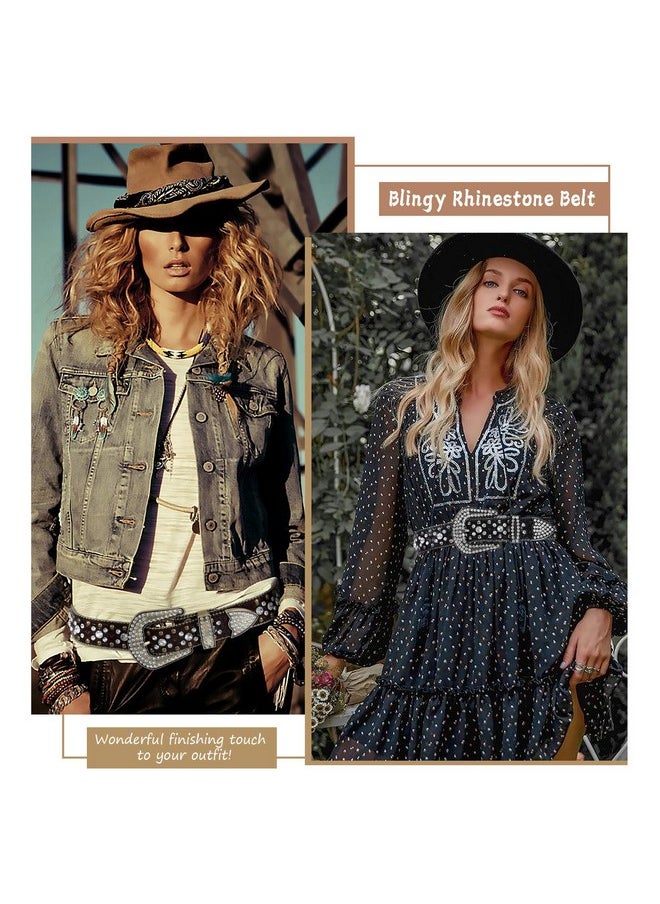 Sansths - Women Rhinestone Belt For Jeans Western Cowgirl Bling Studded Belt Faux Crocodile Grain Leather Black S - Image 1