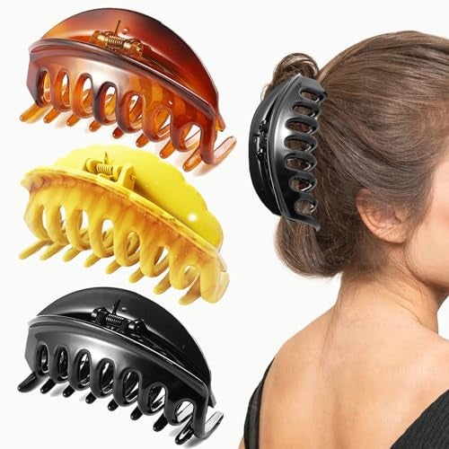 BIRDWARE Plain Big Size D-shape Multi Color Acrylic Material Stone Butterfly hair Clips For Women (Pack of 3, Multicolor) | hair clutchers | hair claws (Black Wooden & Shell) - Image 1
