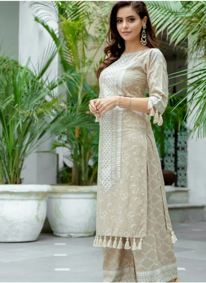 زيري سوق Beige Tassel Detailed Kurta Palazzo Set