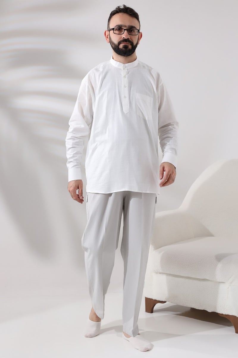 İhvan Online Men's Gray Side Pocket Comfortable Cut Elastic Waist Cargo Hajj and Umrah Shalwar Trousers  - Image 2