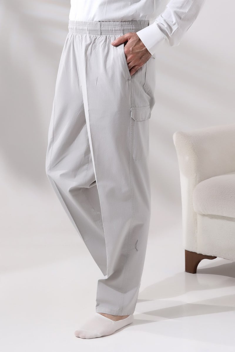 İhvan Online Men's Gray Side Pocket Comfortable Cut Elastic Waist Cargo Hajj and Umrah Shalwar Trousers  - Image 1