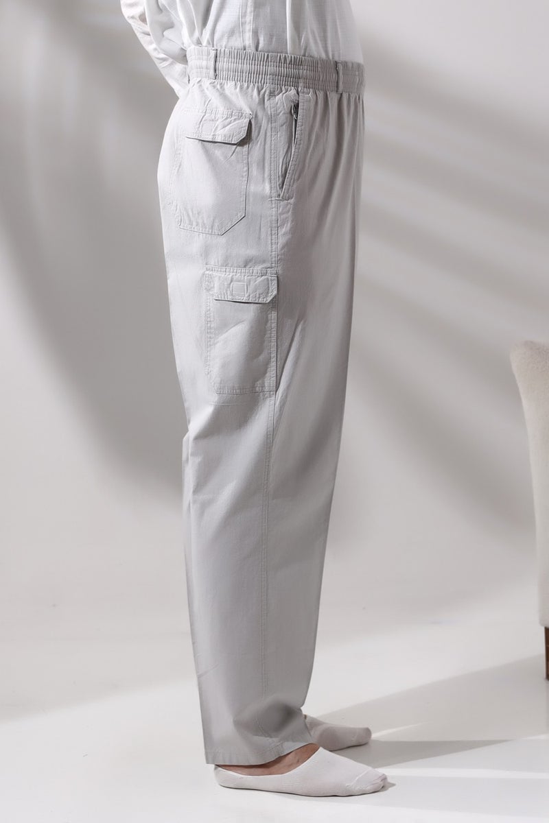 İhvan Online Men's Gray Side Pocket Comfortable Cut Elastic Waist Cargo Hajj and Umrah Shalwar Trousers  - Image 4