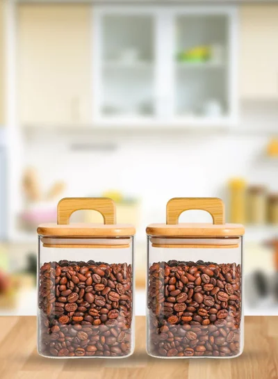 1 تشيس مرطبانات تخزين زجاجية مربعة بأغطية من خشب الأكاسيا - مجموعة من 2 (900 مل) حاويات تخزين كبيرة بأغطية بمقابض للمعكرونة والشوفان والدقيق والكعك والقهوة والأرز والمزيد