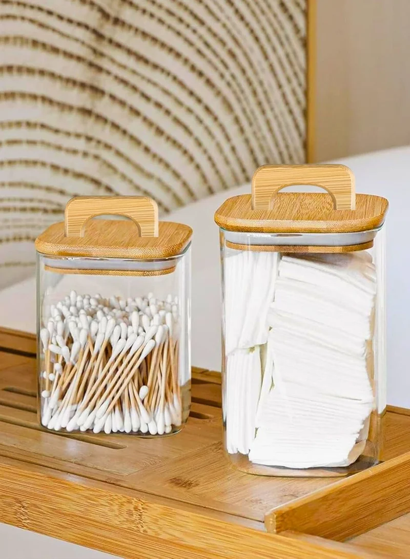 1 تشيس مرطبانات تخزين زجاجية مربعة بأغطية من خشب الأكاسيا - مجموعة من 2 (900 مل) حاويات تخزين كبيرة بأغطية بمقابض للمعكرونة والشوفان والدقيق والكعك والقهوة والأرز والمزيد