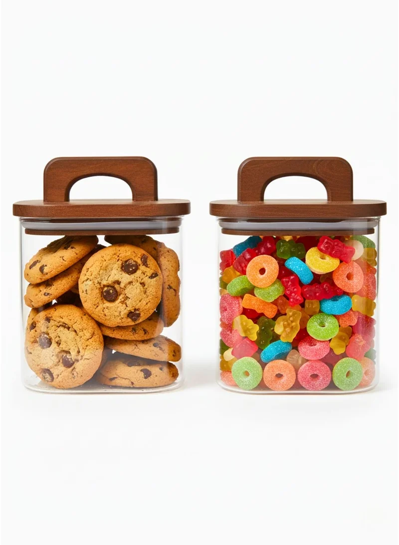 1Chase Square Glass Storage Jars with Acacia Wood Lids – Set of 2 (900ml) Large Pantry Containers with Handle Lids for Pasta, Oats, Flour, Cookies, Coffee, Rice &amp; More