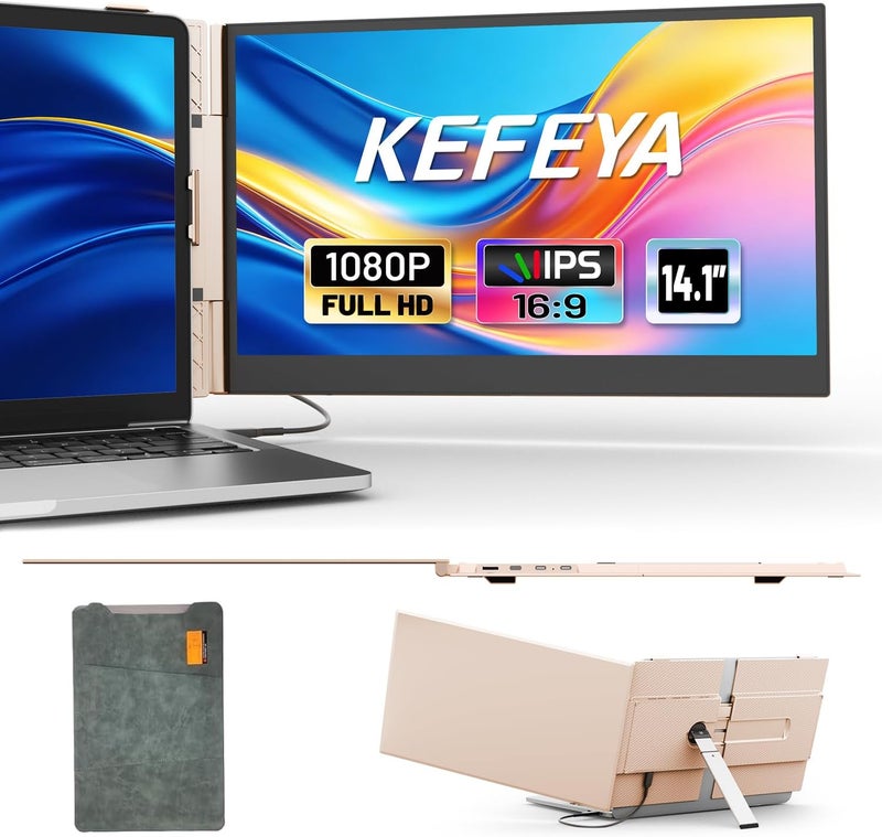 14" laptop screen extender FHD 1080P Rose Gold, Ultra-Thin Portable Monitor for Travel, Work, and Gaming, Plug & Play for Mac/Windows/Android/Dex