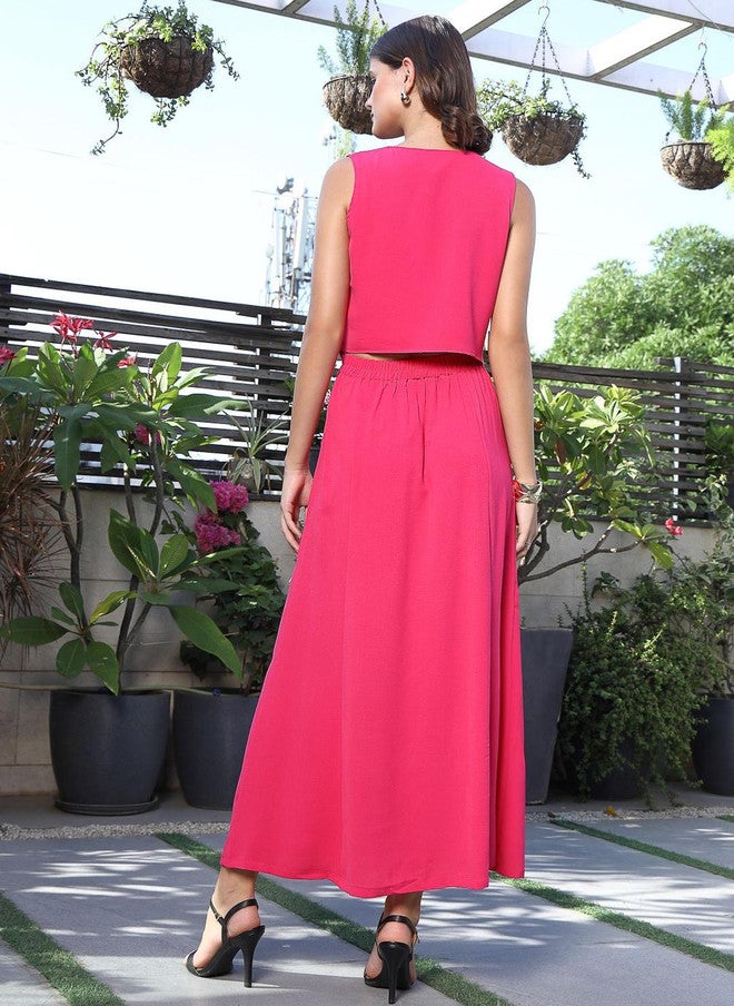 PlusS Pink V-Neck Waistcoat And Skirt Co-Ords For Women - Image 5