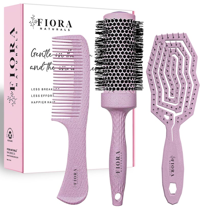 Fiora Naturals Biofriendly Hair Detangler Round Brush and Comb Set for Women  All Hair Types Natural Fine  Curly  Ideal for Detangling and Blow Drying