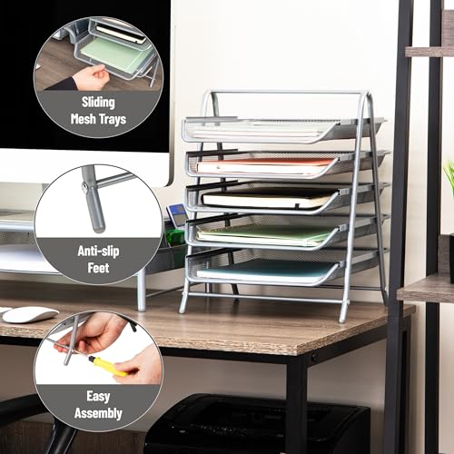 Mind Reader 5-Tier Paper Tray Organizer, Vertical Desktop File Storage Rack, Office, Metal Mesh, Silver - Image 4