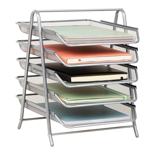 Mind Reader 5-Tier Paper Tray Organizer, Vertical Desktop File Storage Rack, Office, Metal Mesh, Silver - Image 1
