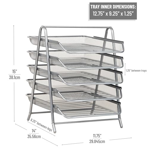 Mind Reader 5-Tier Paper Tray Organizer, Vertical Desktop File Storage Rack, Office, Metal Mesh, Silver - Image 3