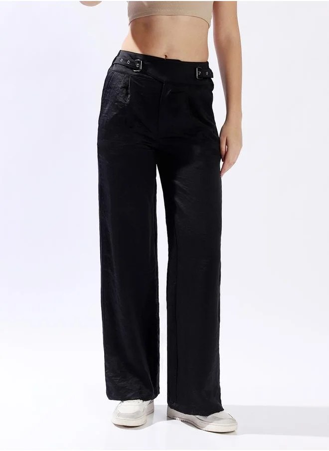 هاي ستار Women Trousers, Wide Leg, Solid, Black, in 100% Polyester, Zip closure, Woven weave, High-Rise waist, perfect for Casual. Stay ahead of the trend!