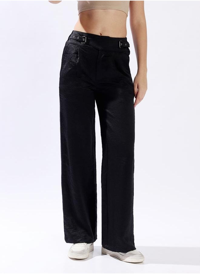 HIGH STAR Women Trousers, Wide Leg, Solid, Black, in 100% Polyester, Zip closure, Woven weave, High-Rise waist, perfect for Casual. Stay ahead of the trend!  - Image 2