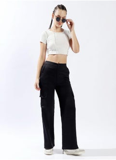 HIGH STAR Women Trousers, Wide Leg, Solid, Black, in 100% Polyester, Elasticated closure, Woven weave, High-Rise waist, perfect for Casual. Fashion meets functionâ€”grab it!  - Image 1