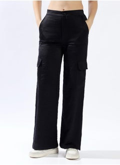 HIGH STAR Women Trousers, Wide Leg, Solid, Black, in 100% Polyester, Elasticated closure, Woven weave, High-Rise waist, perfect for Casual. Fashion meets functionâ€”grab it!  - Image 3