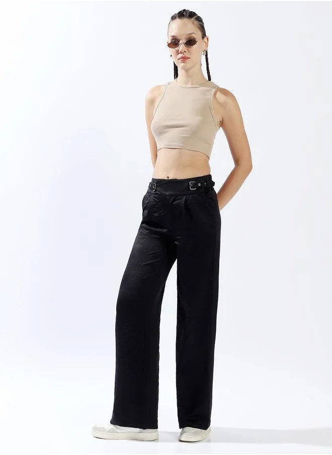 هاي ستار Women Trousers, Wide Leg, Solid, Black, in 100% Polyester, Zip closure, Woven weave, High-Rise waist, perfect for Casual. Stay ahead of the trend!