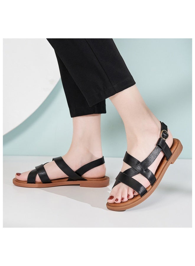 NIBEMINENT Strappy Flat Sandal Women Vacation Solid Color Open Toe Elastic Slingback Casual Fashion Fisherman Ankle Strap - Image 3