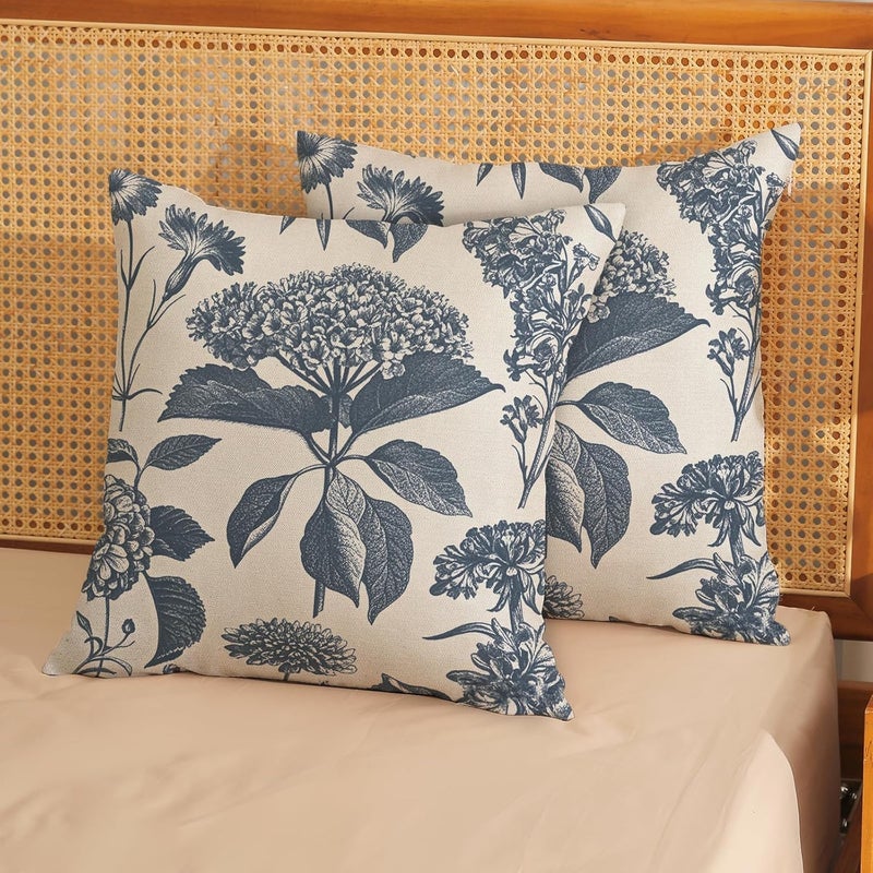 GOLIANDA Blue Pillow Covers 18x18 Set of 2 Vintage Floral Hydrangea Herbs Botanical Throw Pillow Cover Outdoor Decoration Boho Flower Pillowcase Linen Farmhouse Decorative Cushion Case for Couch Sofa - Image 2