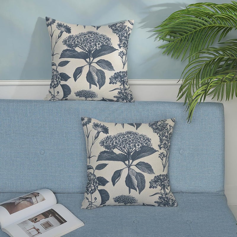GOLIANDA Blue Pillow Covers 18x18 Set of 2 Vintage Floral Hydrangea Herbs Botanical Throw Pillow Cover Outdoor Decoration Boho Flower Pillowcase Linen Farmhouse Decorative Cushion Case for Couch Sofa - Image 3