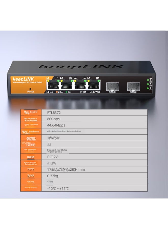 Keeplink Kp-9000 Intelligent Managed 4-port 2.5g + 2 10g Switch, Supports Port Aggregation, Vlan Segmentation, Paired With Nas Optical Modem - Image 1