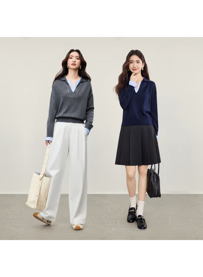 Sentubila Women's Wool Blend Sweater Autumn Colorblock Fake Two-piece Loose Drop Shoulder Long Sleeve Stretch Thick Knit Top - Image 1
