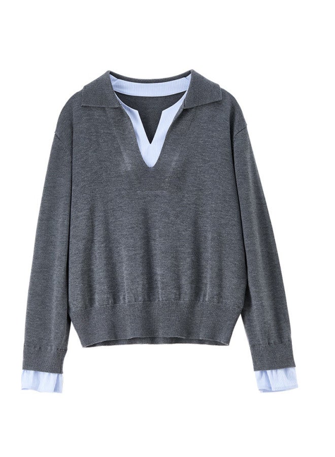 Sentubila Women's Wool Blend Sweater Autumn Colorblock Fake Two-piece Loose Drop Shoulder Long Sleeve Stretch Thick Knit Top - Image 3