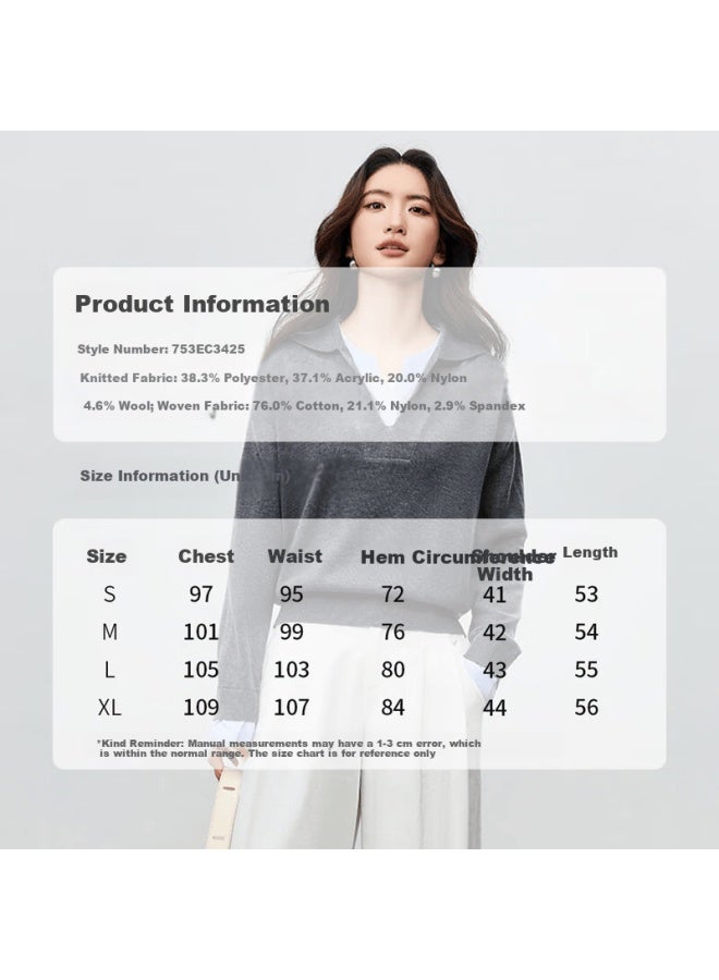Sentubila Women's Wool Blend Sweater Autumn Colorblock Fake Two-piece Loose Drop Shoulder Long Sleeve Stretch Thick Knit Top - Image 2
