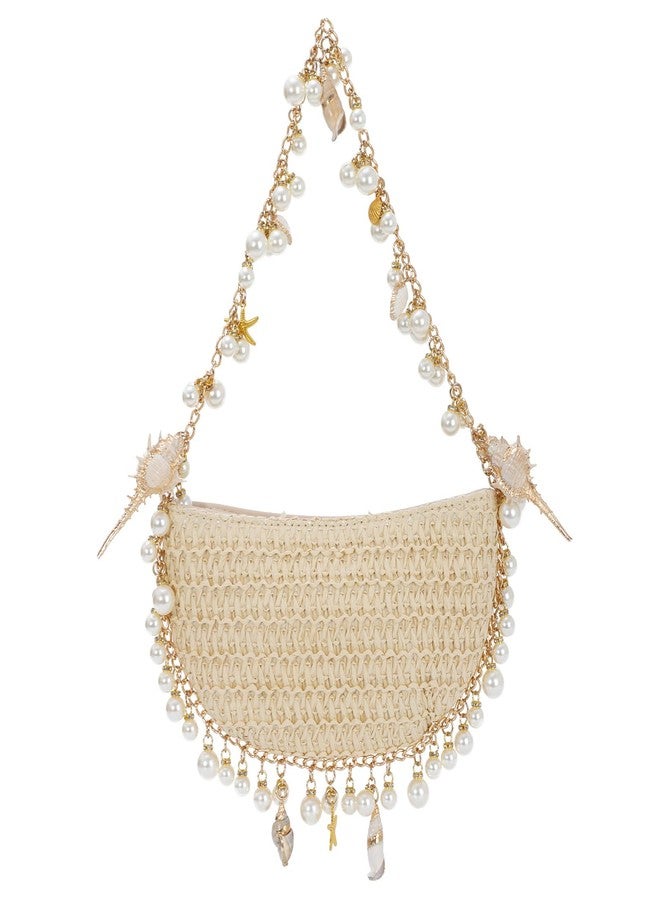 Fecialy Pearl Straw Clutch Purse for Women Woven Summer Beach Shoulder Bag Beaded Evening Bag - Image 1